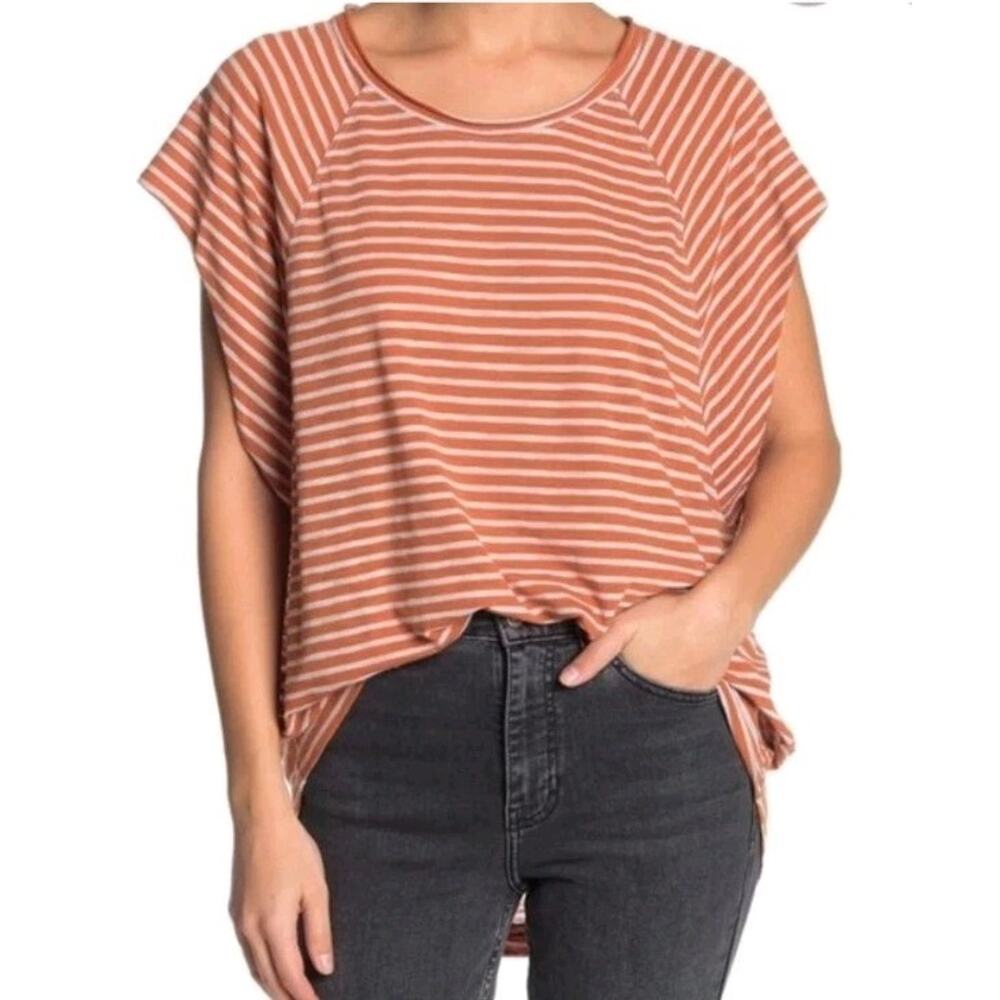 Free People WE THE FREE Women's Short Sleeve Orange Striped Halo Tee Top Small